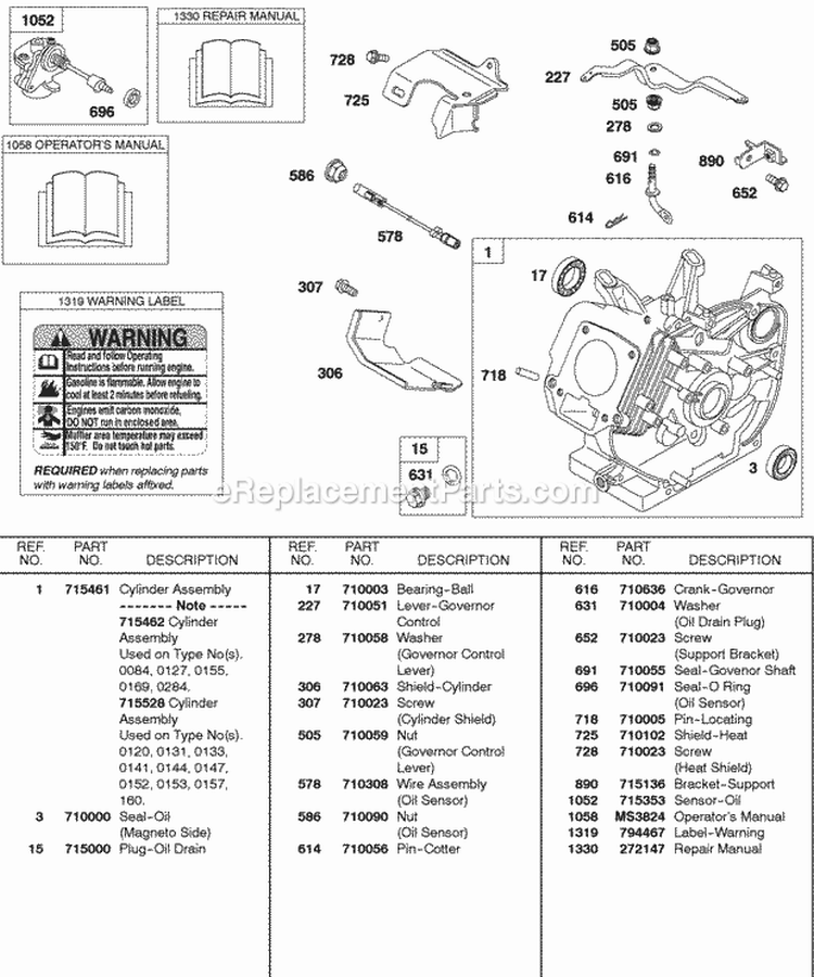 Cylinder Oil Sensor Manuals Diagram and Parts List for 138432-0188-B1  Briggs and Stratton Engine